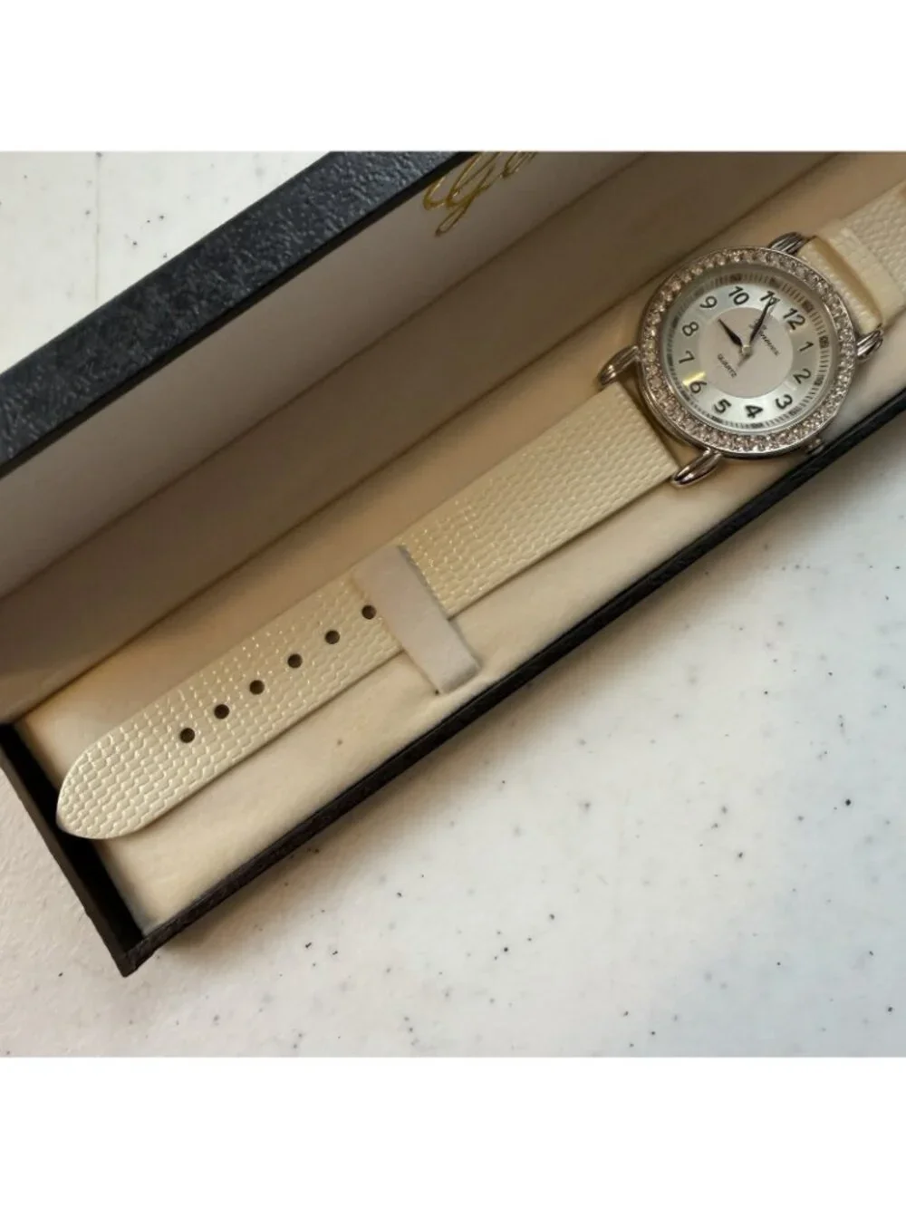 GENEVEX Cubic Zirconia Case MOP Dial ~ White Leather Women’s Watch NWT